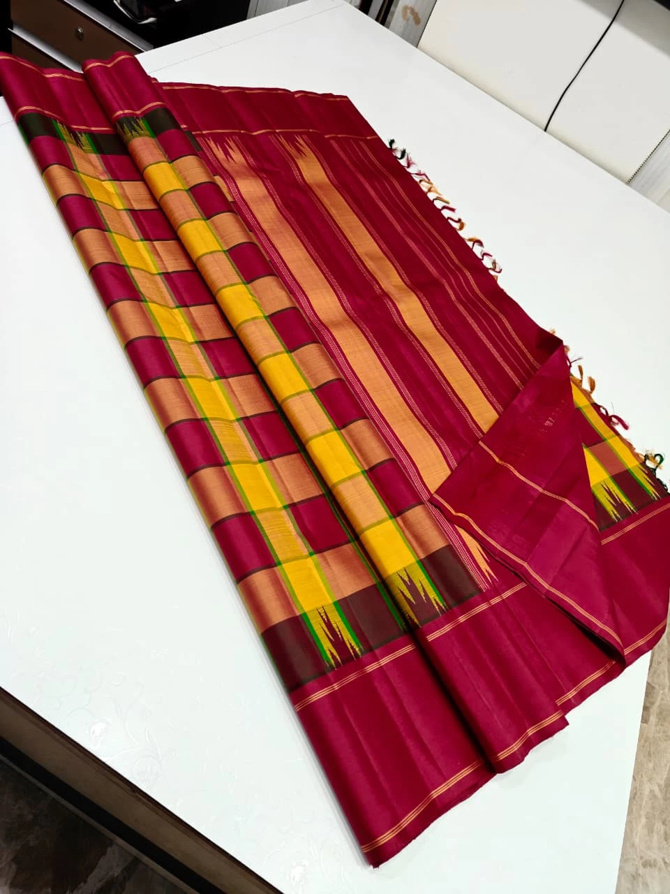 Heritage Checked Silk Saree with Temple Border and Traditional Weaving
